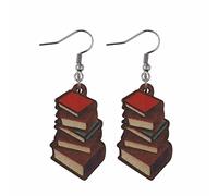 Funny Wooden Stackable Book Pencil Drop Dangle Earrings Stack Of Books For Women Girls Classic Librarian Teacher Student Graduation Back To School Jewelry Womens Studs (Brown, One Size)