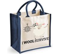Funny Wool Themed Midi Jute Bag - I Wool Survive (Navy)