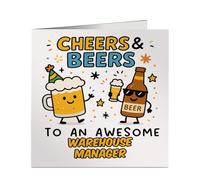 Funny Work Card for an Awesome Warehouse Manager - Cheers & Beers Design - Retirement or Birthday Square Greeting Card - Blank Inside