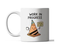 Funny “Work in Progress” Mug - Cute Motivational Coffee Cup with Cartoon Traffic Cone - 11oz Ceramic Gift for Coworkers, Students, or Anyone Trying Their Best