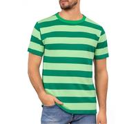 Funny World Men's Cotton Striped T-Shirt Crew Neck Short Sleeves Basic Casual Top, Green Striped, XXL