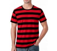 Funny World Men's Cotton Striped T-Shirt Crew Neck Short Sleeves Basic Casual Top, Red and Black Striped, Medium
