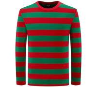 Funny World Men's Striped T-Shirt Crew Neck Long Sleeves Basic Casual Top, Red and Green Striped Long Sleeve, XL