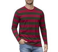 Funny World Men's Striped T-Shirt Crewneck Long Sleeves Basic Casual Top, Green and Red Striped Long Sleeve, XXL