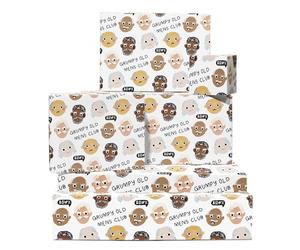 Funny Wrapping Paper White - 6 Sheets with Grumpy Old Mens Club Faces - Gift Wrap for Dad, Grandpa & Friends - Birthday Christmas Gatherings, Retirement Parties, Funny Events - by Central 23