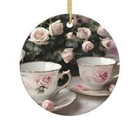 Funny Xmas Ceramic Ornament, Christmas Ornaments, Holiday Ornaments, Christmas Tree Home Decor - Tea Cups with Roses Romantic Shabby