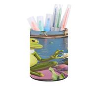 Funny Yoga Frog Pen Holder Multi-Functional Round Pencil Holder Cute Office Decoration Pen Cups Simple Design PU Leather Paintbrush Cups for Home Office Desk