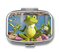Funny Yoga Frog Pill Box - 2 Compartment Travel Pill Organizer with Small Mirror, Portable Pillcase for Pocket & Purse, Cute Square Medicine Case, Weekly Medicine Container