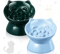 Funnymoom 2 Pcs Ceramic Slow Feeder Raised Cat Bowl Elevated Cat Food Bowl for Dry Wet Food and Water Easy to Clean High Edge Pet Bowls for Cats and Small Dogs, Dishwasher Safe(Dark Green, Blue)