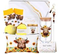 Funnymoom 9-Piece Highland Cow Gifts for Women: Multicolor Glass Cup, Cow Socks, Makeup Bag, Keychain, Candle, Gift Card, Bath Salt, Soap, Gift Box - 16 oz Capacity