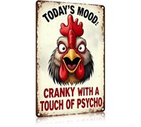 FunnySign Rooster Décor Today's Mood: Cranky With A Touch Of Psycho Rustic Tin Sign For Home Farm Chicken Coop Decor 8x6 Inch (976)