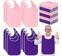 Funnysoft 12 Pack Adult Bibs for Men Women Washable Adjustable Elderly Bib with Hook and Loop Sticker for Old Disabled Eating(Pink, Purple)