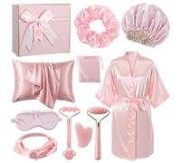 Funnysoft 13 Pcs Satin Pillowcase Gift Set Satin Robe Eye Mask Hair Accessories Adjustable Silk Bonnet Face Roller Set Luxury Sleeping for Women Wife Girlfriend Sister Birthday Gift