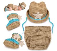 Funnysoft 3 Pcs Newborn Cowboy Outfit Cowboy Newborn Photography Props Handmade Crochet Western Costume Set for Infant Photo Shoot Includes Rustic Hat Boots and Pants Cover Studio Posing Essentials