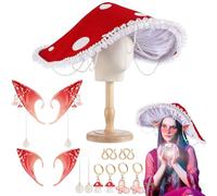Funnysoft 3 Pcs Renaissance Mushroom Accessories Set Medieval Mushroom Hat Fairy Elf Ears with Flower and Mushroom Ear Clips Red Forest Cosplay Halloween Fantasy Elf Costumes Accessories for Women