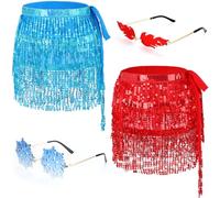 Funnysoft 4 Pcs Halloween Fire and Ice Costume Accessories Includes Flame Snowflake Glasses Red Blue Belly Dance Hip Scarf Sequin Tassel Skirt Wrap for Halloween Party Cosplay Costume