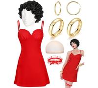 Funnysoft 7 Pcs Halloween Costume for Women 2025 Red Strap Dress Flapper Wig Thigh Lace Garters Cosplay Outfits Accessories(Large)