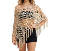 Funnysoft Women Sheer Poncho Top See Through Sequin Fishnet Shawl Knit Shrug Shawl for Beach Party Festival Outfits, Light Brown, One Size