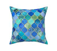 FunnyStar Cobalt Blue And Aqua Decorative Moroccan Tiles With Gold Cushion Cover Microfiber Decorative Square Throw Pillow Cases for Sofa Bedroom 18 x 18 Inch, with Invisible Zipper 45cm x 45cm