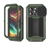 FunnyWin FW Compatible with iPhone 15 Pro Max Metal Case with Slide Camera Cover Built in Screen Protector Kickstand Full Body Hybrid Military Heavy Duty Armor Silicone Case for Man (Green)