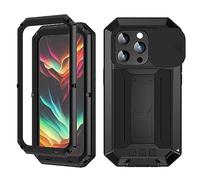 FunnyWin FW Compatible with iPhone 15 Pro Max Metal Case with Slide Camera Cover Built in Screen Protector Kickstand Full Body Hybrid Military Heavy Duty Armor Silicone Case for Man (Black)