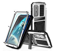 FunnyWin Metal Heavy Duty Case for Samsung Galaxy S25 Edge Aluminum Military Grade Rugged Case with Metallic Stand Screen Protector Screws Dustproof Shockproof Full Cover for Man (Silver)