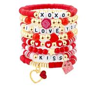 FUNOJOY 7PCS Love Heart Bracelet for Women Stackable Bracelet Set Adjustable Elastic Bracelet, Cute Valentines Day Gifts for Her, Best Friends, Wife, Women, M, Acrylic, Agate