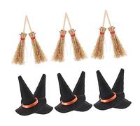 FUNOMOCYA 12pcs Mini Witch Hats and Brooms Black Felt and Red String Miniature Doll House Supplies Halloween Landscape Decorations for Party Crafting