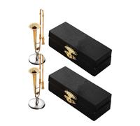 FUNOMOCYA 2 Sets Mini Trombone Model with Stand and Case Portable Metal Miniature Musical Instrument for Dollhouse Decor Office Desk Ornament Music Teacher Gift Compact