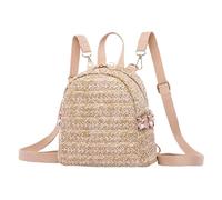 FUNOMOCYA Mini and Comfortable Hand Feel for Straw Weaving with Pearl Zipper Material, Khaki Chic Outdoor Casual Bag Women Travel Backpack Ladies