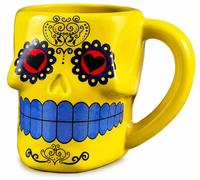 FUNOVELTY Day of the Dead Sugar Skull Mug 16 oz Ceramic Coffee Cup, Yellow | 12 Oz Ceramic Sugar Skull Mug with Sculpted Day of the Dead Design and Large Handle