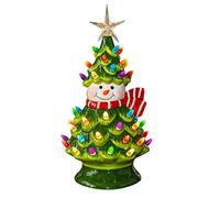 FUNPENY 11" Ceramic Christmas Tree, Pre-lit Battery Operated Vintage Tabletop Snowman Tree Ornaments with 50 Multicolored Lights, Christmas Table Decorations for Xmas Indoor Desk Centerpiece Decor