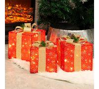 FUNPENY Set of 3 Christmas Lighted Gift Boxes, 50 LED Christmas Box Decorations, Presents Boxes (Christmas Red)