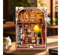 FUNPOLA 3D Wood Puzzle Book Nook Kit, Caramel Dream Cat Café Bookshelf Insert with LED Lights, DIY Miniature Bookend Décor for Display, Cozy Craft Gift for Cat Lovers and Teens (Caramel Dream)