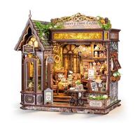 FUNPOLA 3D Wooden Puzzle Floral Mark Café, DIY Miniature Coffee House Model with Warm LED Light, Cozy Home Décor Gift for Adults and Teens