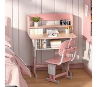 funrautz Kids Desk Chair Set, Height Adjustable School Study Table with Drawer, Dual Partition Book Stand, Backpack Hook, Cup Holder, Ergonomic Design, Desk and Chair Set for 7-12 Years Pink