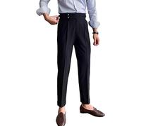 FUNRKLI Men's High Waisted Pants Business Casual Straight Loose Elastic Pleated Retro Slim Suit Fashion Button Dress Pants Black