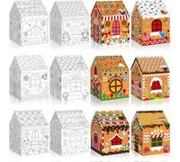 Funrous 12 Pcs Gingerbread Paper Coloring Houses DIY Craft Kit Christmas Cookie Gift Boxes Craft Color Your Own Cardboard House Boxes for Christmas Holiday Activities Party Decorations Gift Packaging