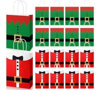 Funrous 16 Pcs Paper Christmas Party Elves Gift Bags with Handle Bulk Red and Green Elf Suit Print Xmas Candy Treat Goodies Bag Winter Holiday Party Favors Coworker Employee, 8.66 x 6.3 x 3.15 Inch