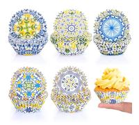 Funrous 200 Count Blue Tile Lemon Cupcake Paper Liners Summer Lemon Baking Cups Mediterranean Tiles Muffin Liners Cupcake Wrappers Disposable for Baby Shower Wedding Birthday Party Decorations