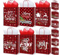 Funrous 24 Pack Christmas Gift Bags Bulk with 30 Pcs Tissue Paper Red Black Buffalo Plaid Holiday Gift Bag with Handle Small Kraft Goody Candy Treat Party Favor Paper Bag for Xmas Present Wrapping