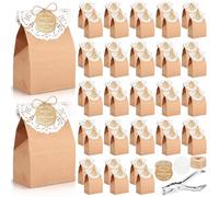 Funrous 48 Pack Kraft Paper Wedding Gift Bags with Thank You for Celebrating with Us Gift Tag Label, 4.7 x 3 x 7.1 in Small Wedding Thank You Paper Goodie Favor Bags for Guests Bridal Baby Shower