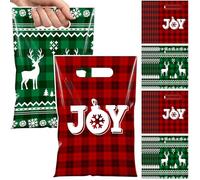 Funrous 50 Pcs Christmas Gift Bags with Handles Bluk Christmas Goodie Bags Reusable Holiday Plastic Red Green Plaid Elk Joy Candy Snack Gift Wrapping for Xmas Holiday Party Favors Supplies (Reindeer)