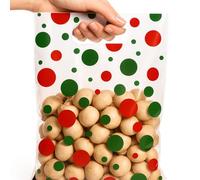 Funrous 90 Pcs Christmas Gift Bags Bulk Christmas Plastic Goodie Bags with Handle Red and Green Polka Dots Stripes Treat Candy Wrap for Xmas Party Favors New Year Birthday Merchandise, 6.7" x 9.8"