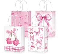 Funrous Pink Bow Cherry Gift Bags She's The Cherry On Top Paper Party Treat Goodie Rose Gold Sweet Fruit Candy Bags for Birthday Wedding Bridal Shower Engagement Party Supplies(12)