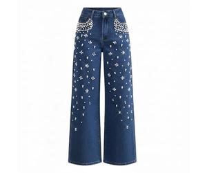 FUNSEED Jeans for Women Mid Waisted Straight Wide Leg Pearl-Studded Shimmering Jeans Casual Baggy Business Casual, Dark Blue, M