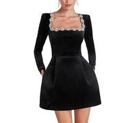 FUNSEED Square Neckline Diamond-Embellished Long-Sleeve Dress for Women, Short Velvet Elegant Solid Color Dress, Black, L