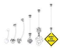 Funseedrr 14G 6pcs Baby On Board Pregnancy Belly Button Bars, 14/18/25/32/35/38mm Maternity Long Navel Belly Bars Flexible Bioflex Barbells Dangly Piercing