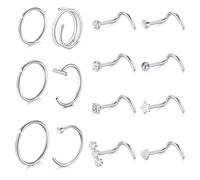 Funseedrr 20G 14pcs Silver Nose Studs Screws Rings for Women Men, 0.8mm Stainless Steel with Zircon Nose Rings Screws Clicker Set Septum Hoop Earrings Cartilage Piercing Jewellery