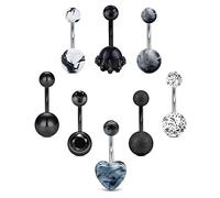Funseedrr 8pcs Black Belly Button Bars Belly Ring Set, 10mm 14G Stainless Steel Skull Claws Hand Navel Rings Short Bars Body Piercing Jewellery